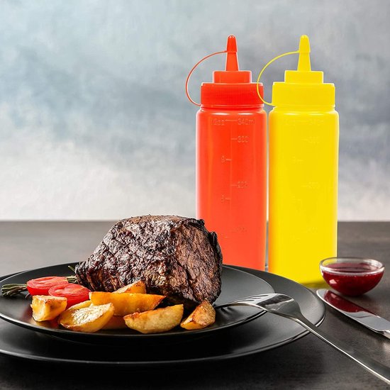 CafullCon 4 stuks knijpflessen van 800 ml, brede mond, sausfles met spons, flessenborstel en trechter, herbruikbaar, grote kunststof knijpflessen voor ketchup, condiment, sauzen, schilderen