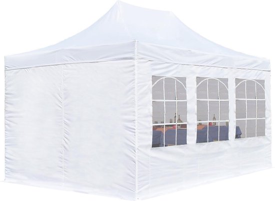 Easy Up partytent - 3x4,5m / wit / 100% waterdicht / PVC coating / Opvouwbaar / Verstelbaar in 3 hoogtes / Inclusief zijwanden & gratis draagtas