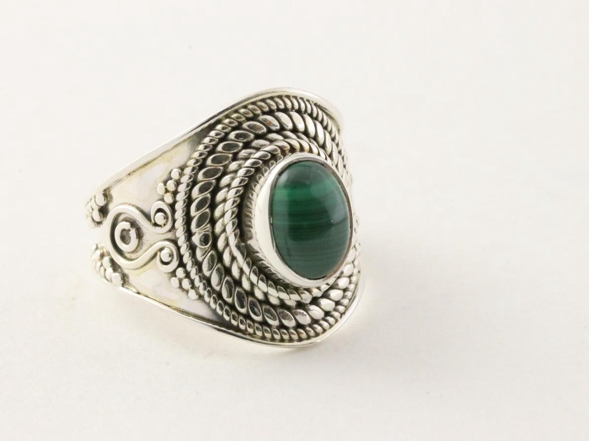 Bague En Argent Sterling Avec Grosse Malachite AAA - Poids 16,58g - Taille Ajustable 55 à 65 - Pierre Naturelle