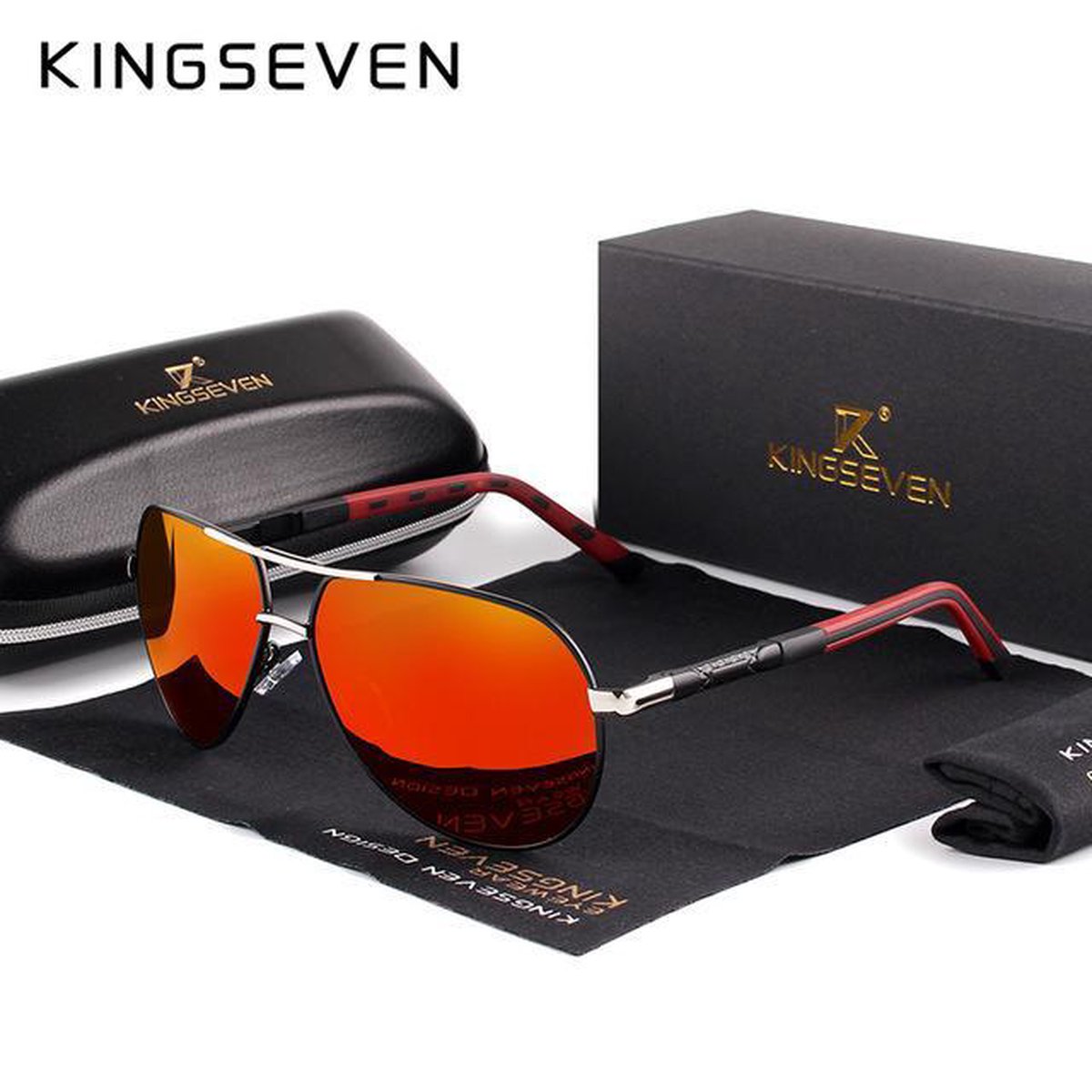 KingSeven Piloten Zonnebril - Unisex - UV400 - Gepolariseerd - Grijs/Rood