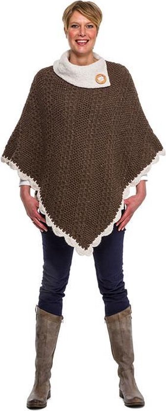 Poncho - omslagdoek - bruin - ecru - gerecyclede - wol - katoen - maat L