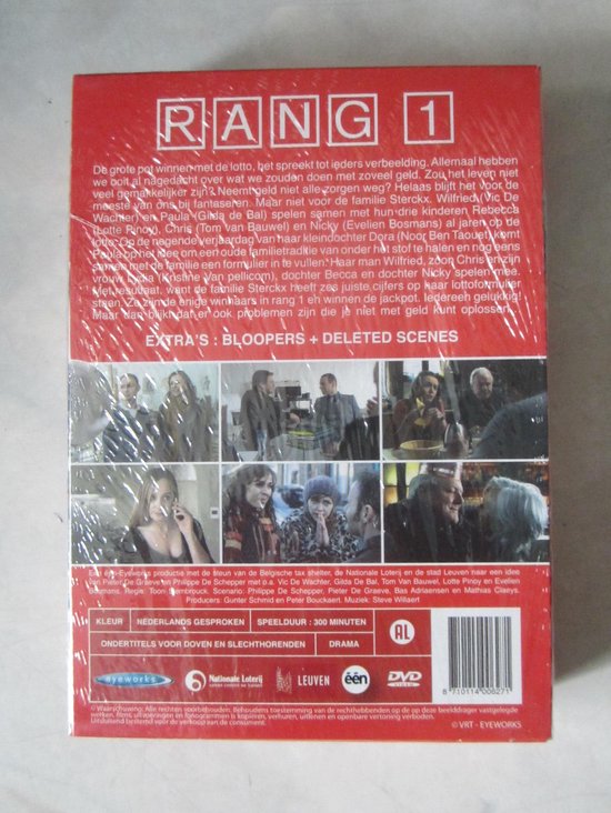 DVD hoes met een groep mensen en tekst 'Rang 1' en 'Extras bloopers + deleted scenes'.