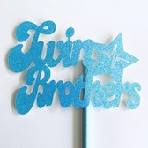 Taartdecoratie versiering| Taarttopper| Cake topper| Baby | Twin Brothers| Blauw glitter|14 cm| karton