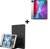 iPad Pro hoesje 2020 / 2021 - ipad Pro Screenprotector 2020 / 2021 - 12.9 inch - Tri fold book case hoesje met stand Zwart + Tempered Gehard Glas / Glazen