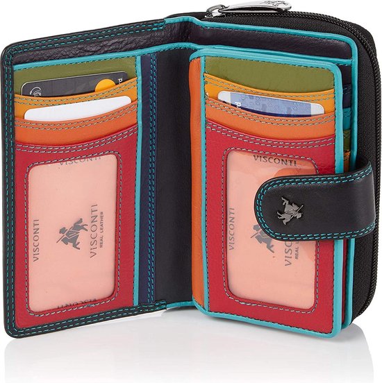 Portefeuille en cuir Visconti - Sac à main pour femme - RFID - Cuir - 18 cartes - Collection Rio - Zwart/ Multi (R13 BK)
