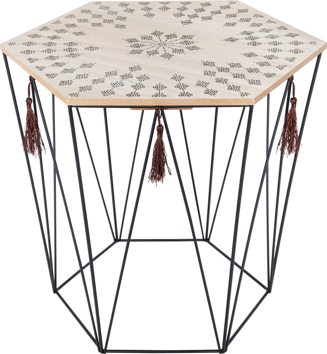 Atmosphera Bijzettafel Kumi Etnik draadmand 8 hoekig met flosjes - zwart - salontafel - D. 43 x H. 40 cm