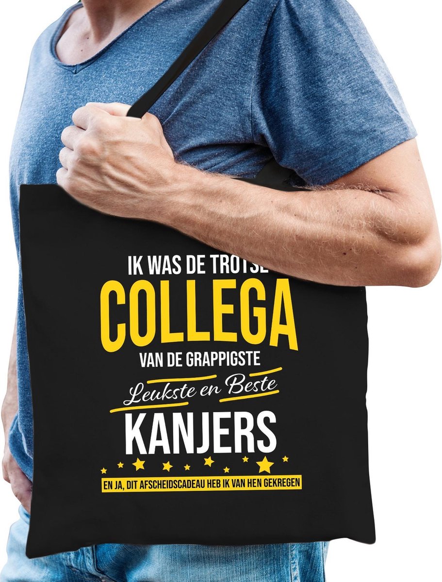 Trotse collega van de leukste kanjers katoenen afscheid cadeau tas voor heren - zwart - verjaardag -
