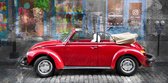 JJ-Art (Aluminium) | Klassieke auto volkswagen VW kever cabriolet in rood met abstracte kleding winkels als achtergrond | oldtimer, cabrio, jaren 60 | Foto-Schilderij print op Dibo