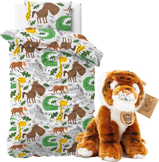 Dekbedovertrek flanel dierentuin 140x200 cm, incl. speelgoed knuffel tijger... | bol.com