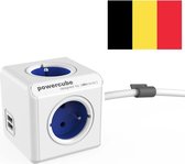 DesignNest PowerCube Extended Duo USB - 1.5 meter kabel - Wit/Blauw - 3 stopcontacten - 2 USB laders - Type E met aardepin (België)