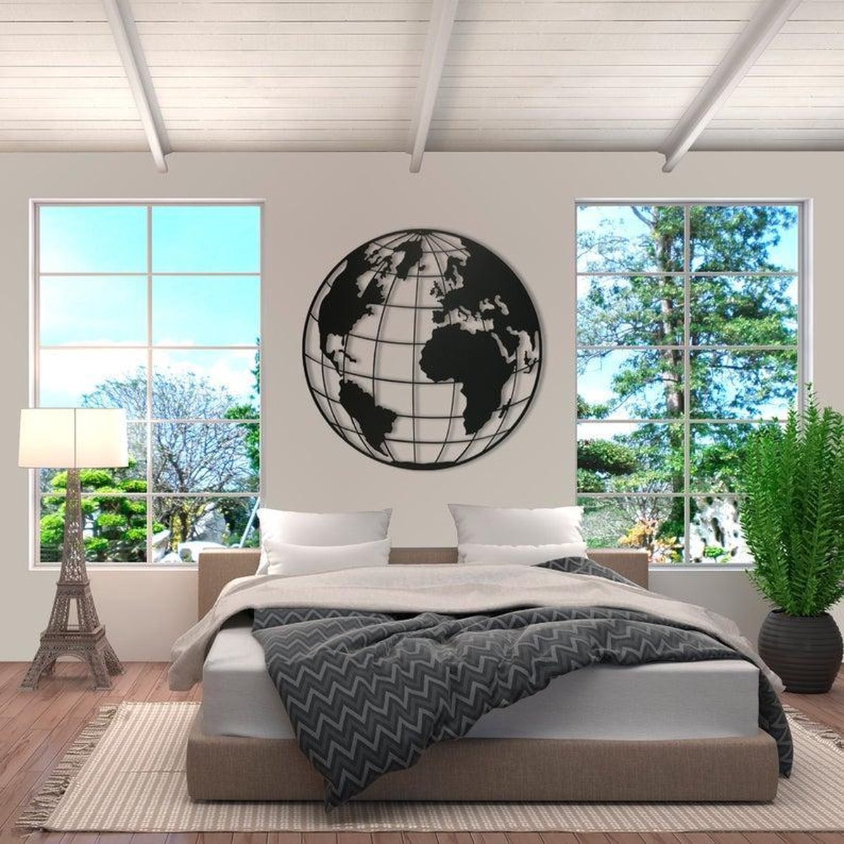 Wereldkaart metaal - 'De wereld rond' - Wereldkaart wanddecoratie mat zwart  | bol.com