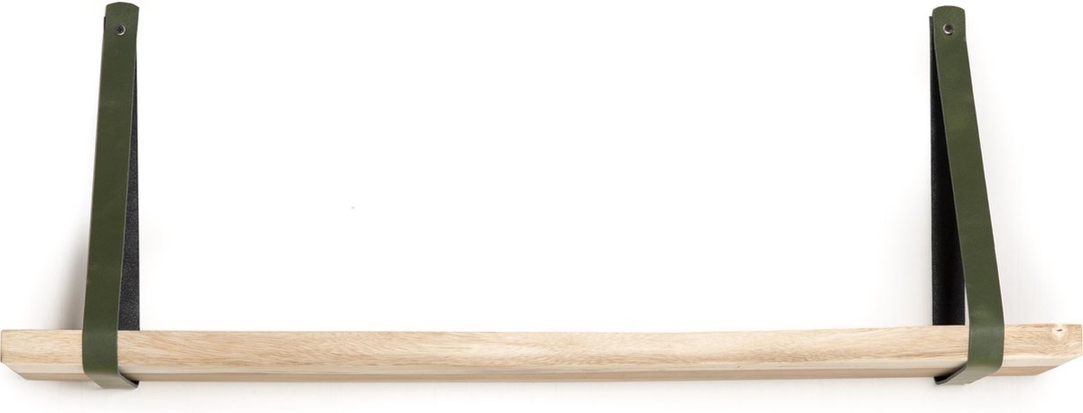 Wandplank Suar hout - 60cm x 17,5cm x 3cm incl. groene leren dragers
