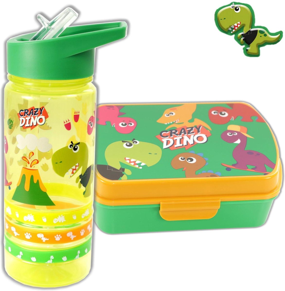 Broodtrommel + drinkfles Dinosaurus | Lunchbox Crazy Dino kinderen | BPA vrij LS17