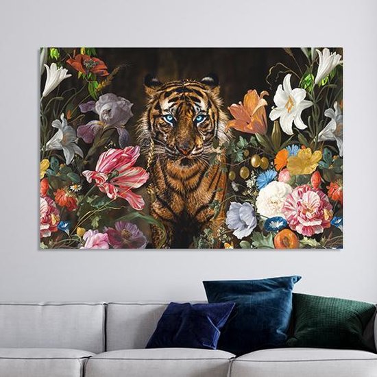 Poster / Schilderij op Dibond - Tijger Bloemen - 70 x 50 cm - PosterGuru.nl