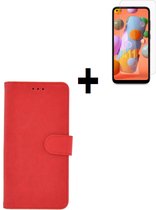 Samsung Galaxy A11 hoes Effen Wallet Bookcase Hoesje Cover Rood + Tempered Gehard Glas / Glazen screenprotector Pearlycase