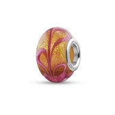 Quiges - Glazen - Kraal - Bedels - Beads Goud met Roze Blad Patroon Past op alle bekende merken armband NG2030