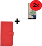 Nokia 2.3 hoes Effen Wallet Bookcase Hoesje Cover Rood + 2x Tempered Gehard Glas / Glazen screenprotector (2 stuks) Pearlycase