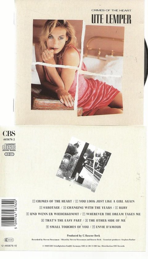 Ute Lemper in roze jurk, leunt op een stoel. Met 'Crimes of the Heart' albumtitel.