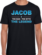 Naam cadeau Jacob - The man, The myth the legend t-shirt  zwart voor heren - Cadeau shirt voor o.a verjaardag/ vaderdag/ pensioen/ geslaagd/ bedankt 2XL