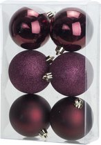6x Aubergine roze kunststof kerstballen 8 cm - Mat/glans/glitter - Onbreekbare plastic kerstballen - Kerstboomversiering aubergine roze