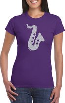 Zilveren saxofoon / muziek t-shirt / kleding - paars - voor dames - muziek shirts / muziek liefhebber / jazz / saxofonisten outfit S
