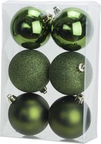 6x Appelgroene kunststof kerstballen 8 cm - Mat/glans/glitter - Onbreekbare plastic kerstballen - Kerstboomversiering appelgroen
