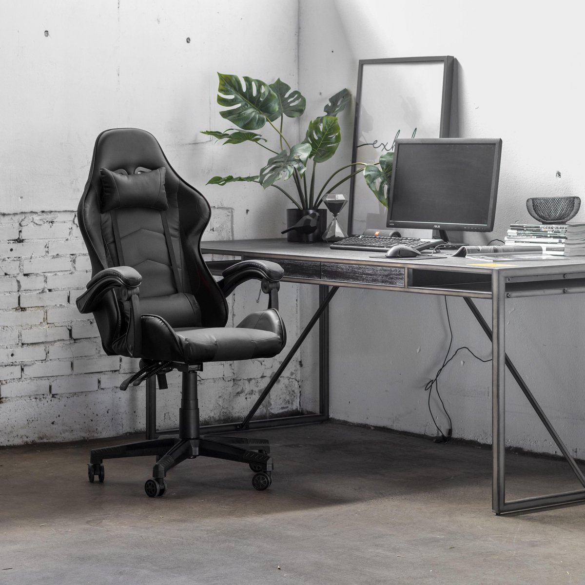 Game Stoel - Gaming Stoel - Gaming Chair - Zwart - Bureaustoel Met Nekkussen & Verstelbaar Rugkussen - Instelbare Zithoogte - Gamestoel Michael – foto 4