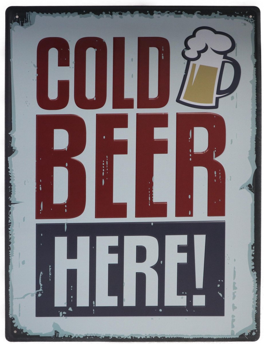 Wandbord – Cold beer here – Bier – Koud – Zomer - Vintage - Retro - Wanddecoratie – Reclame bord – Restaurant – Kroeg - Bar – Cafe - Horeca – Metal Sign - 20x30cm
