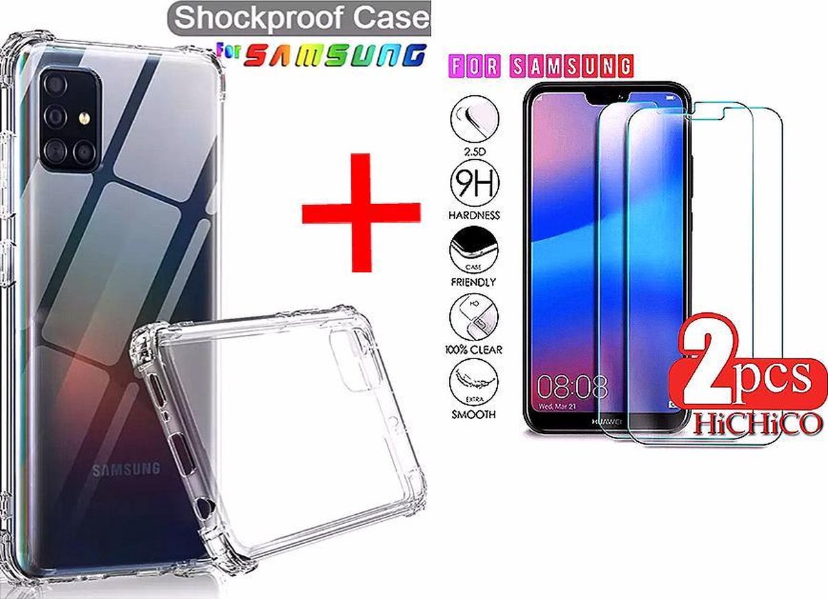 SAMSUNG A40 Hoes shock Proof Transparant (Siliconen TPU Soft Case) + 2Pcs Screenprotector Tempered Glass - HiCHiCO