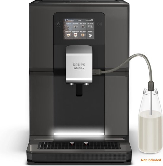 Zwarte Krups Intuition volautomaat met melkkaraf en touchscreen.