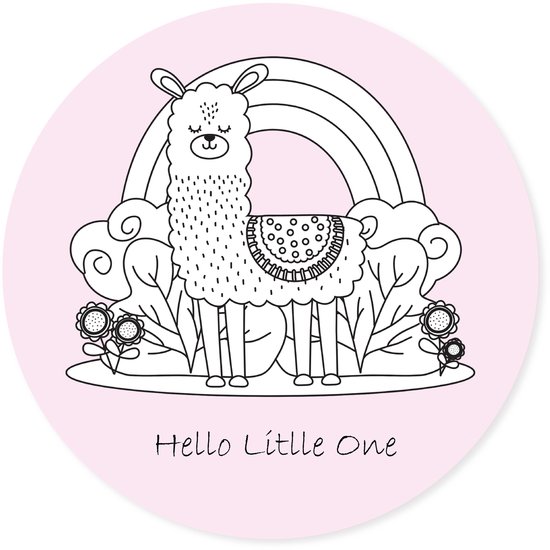 Grote ronde muursticker alpaca roze | Hello Little One | Scandinavische stijl| Wandcirkel voor babykamer, kinderkamer, meisjeskamer | wanddecoratie accessoires | cirkel afm. 80 x 80 cm