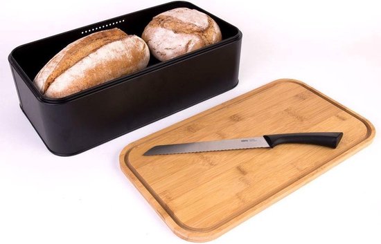 Boîte à pain de luxe noire avec couvercle de planche à découper 42,5 cm - Zeller - Accessoires de cuisine - Boîtes à pain / boîtes à pain / récipients alimentaires - Conservez le pain / petits pains et gardez-les frais