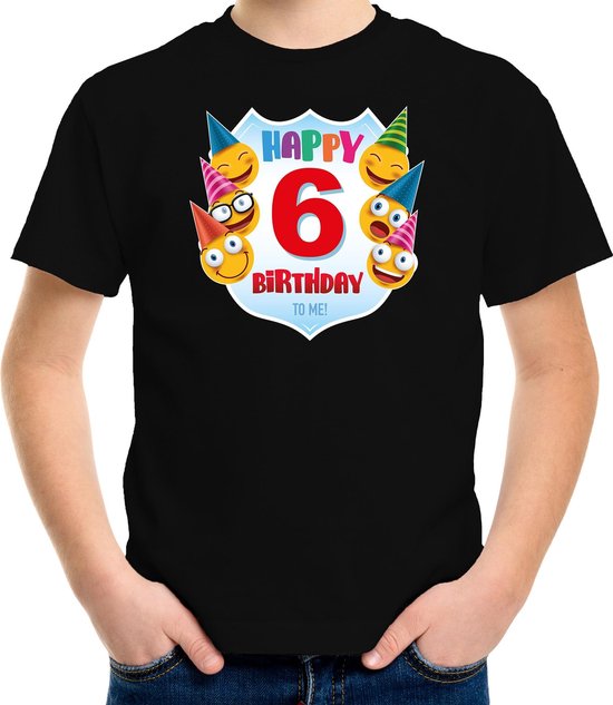 Happy birthday 6e verjaardag t-shirt kleuter - unisex - jongens / meisjes - 6 jaar shirt met emoticons zwart voor kinderen 110/116