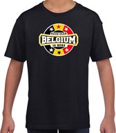 Have fear Belgium is here t-shirt met sterren embleem in de kleuren van de Belgische vlag - zwart - kids - Belgie supporter / Belgisch elftal fan shirt / EK / WK / kleding XS (110-116)