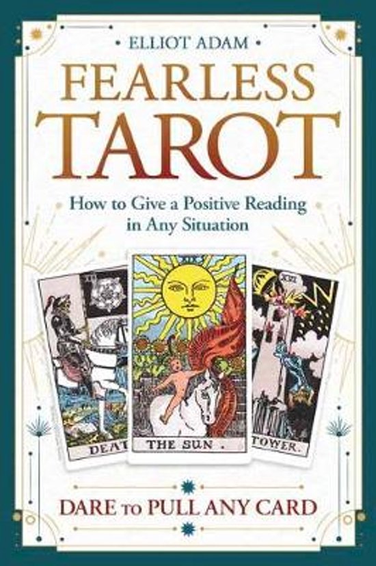 Boek "Fearless Tarot" met de kaarten "Death", "The Sun" en "Tower". "Dare to Pull Any Card".