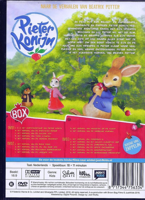 Achterkant van de DVD-hoes 'Pieter Konijn 1 - 3'. Bevat lijst van afleveringen en artwork van Pieter Konijn en zijn vrienden.
