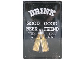 Wandbord – Mancave – Drink lekker bier met een goede vriend - Vintage - Retro -  Wanddecoratie – Reclame bord – Restaurant – Kroeg - Bar – Cafe - Horeca – Metal Sign - 20x30cm