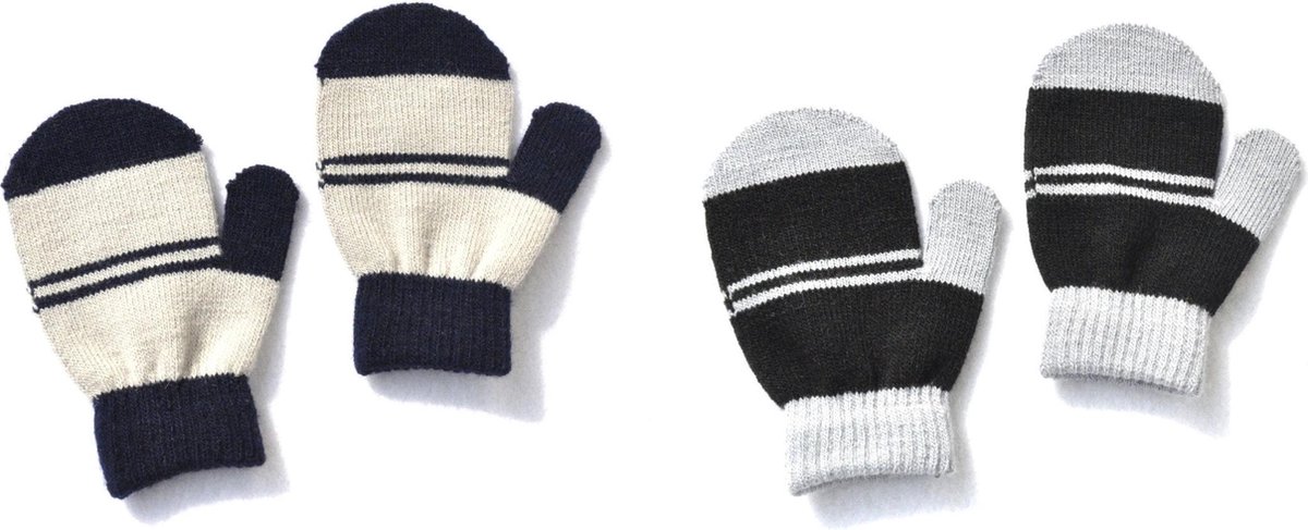 2 paar - baby dreumes jongens wanten (1 t/m 3 jaar) - grijs zwart strepen - jongens handschoenen - Merkloos