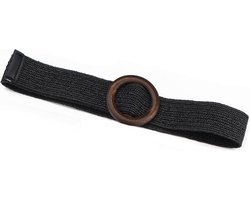 KLEINE MAAT! Meisjes – Jonge Dames - Vintage gevlochten damesriem met houten ronde donkere gesp voor in de taille - Zwart - 85 cm -Maat XXS/XS/ S | Elastisch – Stretch | Riet – Stro – Rattan | Verstelbaar | Decoratie Jurk - Riem