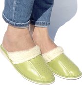 Leren dames pantoffels | Sloffen gevoerd met imitatiebont | Maat 40 | Groen