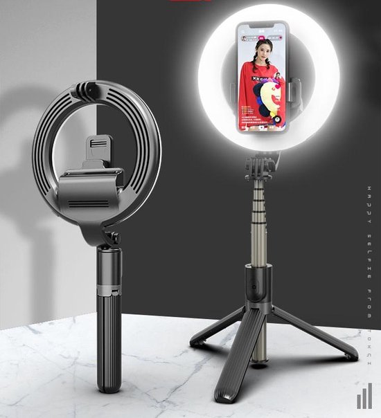 Perche à selfie avec anneau LED + trépied