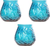3x Blauwe mini lowboy tafelkaarsen 7 cm 17 branduren - Kaars in glazen houder - Horeca/tafel/bistro kaarsen - Tafeldecoratie - Tuinkaarsen
