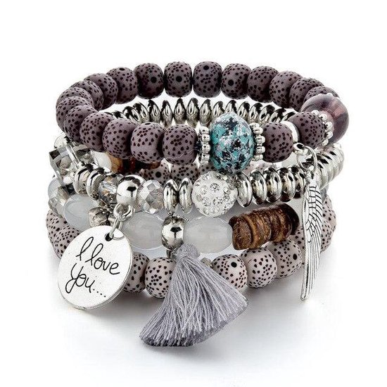 ‘I love you’ armband – Grijs – Handgemaakte bedelarmband – Boho armband – Vriendschapsarmband – Kralenarmband – Ibiza armband – 4-laags – Boho chique