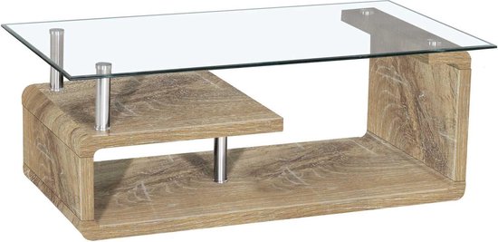 Design salontafel 120 met glazen blad en eikenkleurig MDF-frame