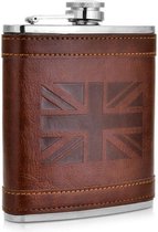 Bruin kunstlederen RVS heupfles Union Jack - Veldfles bruin leder - Platvink - Zakflacon - Heupflacon houtmotief leer- Drankfles - Drankflacon - Leren Zakfles - Engelse Vlag - Leat