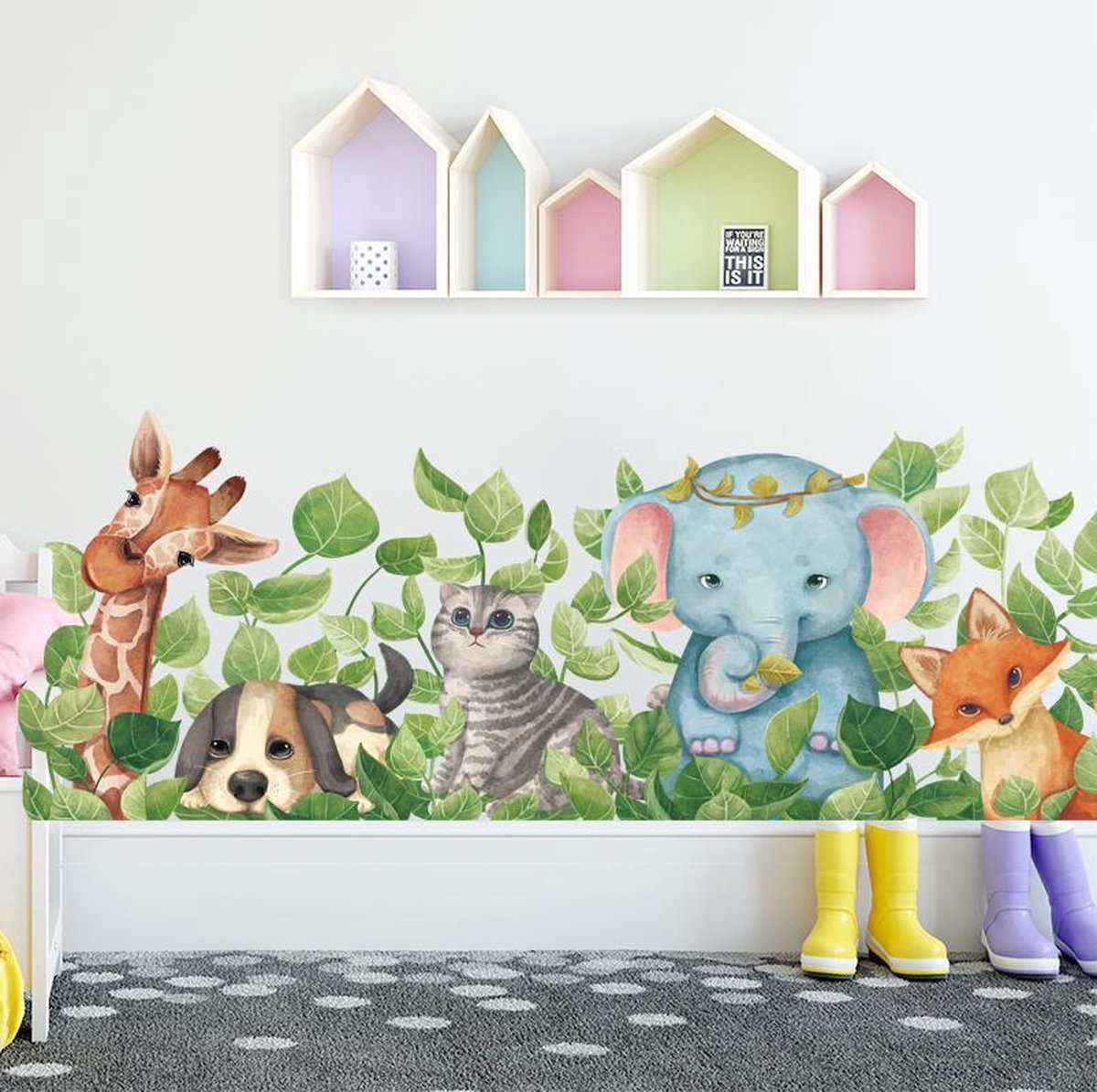 Muursticker | Dieren in de struiken | Olifant | Giraf | Wanddecoratie | Muurdecoratie | Slaapkamer | Kinderkamer | Babykamer | Jongen | Meisje | Decoratie Sticker