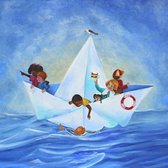 Schilderij: Schuitje varen  30 x 30  ( baby's - kinderen - art - kunst - schilderij - sprookje - kinderkamer -kraamcadeau- hoedje van papier - verjaardagen -decoratief - wanddecora