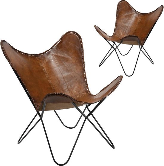 set van 2 design stoelen papillon leer bruin et piétement metaal |