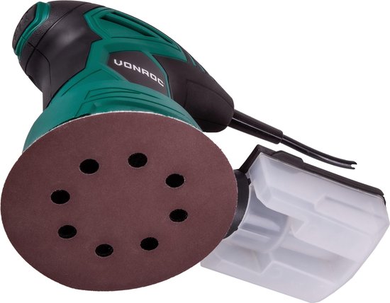 Groene en zwarte excentrische schuurmachine met schuurpapier en stofopvangbox, van onderaf gefotografeerd.