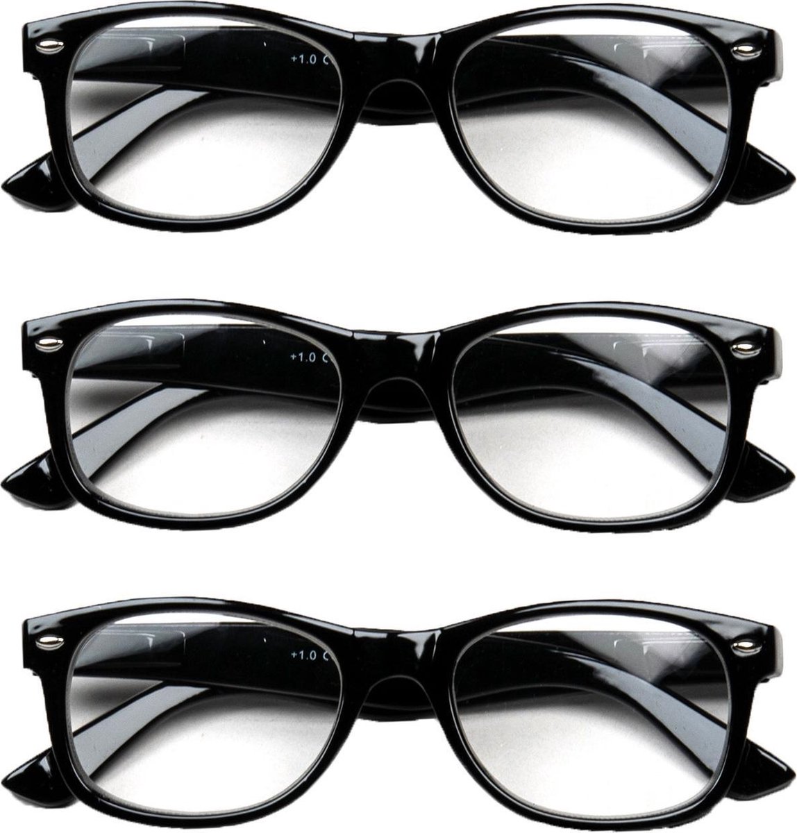Melleson Eyewear leesbril zwart glans +2,00 - 3 stuks - incl. pouche